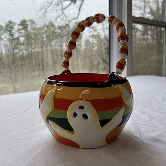 Vintage Halloween Candy Corn 10 X7 Ceramic Treat Bucket Pail Ghost Home Decor - Picture 1 of 7